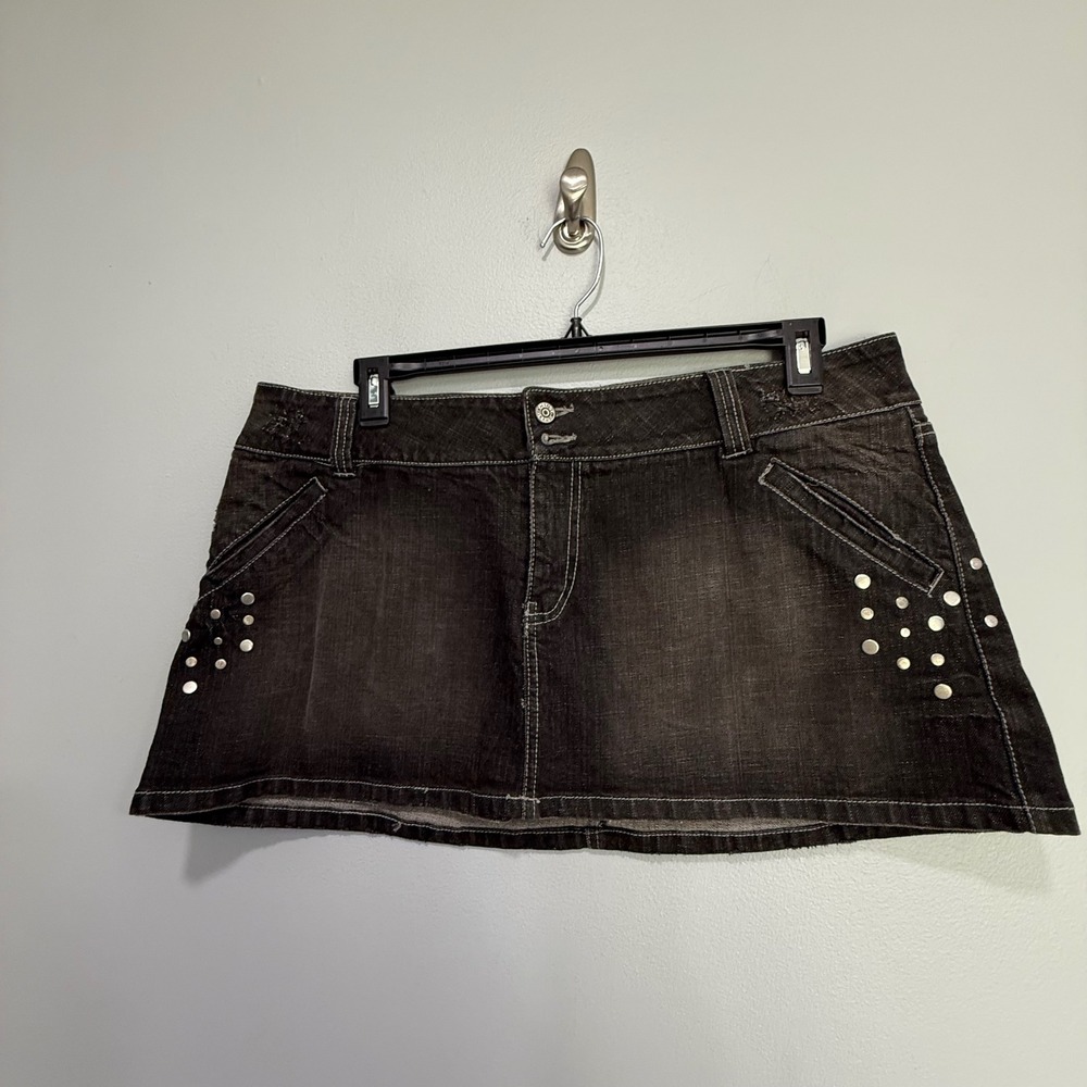 Hint Jeans Womens Studded Denim Mini Skirt Faded Black Y2K Low Rise Size 17